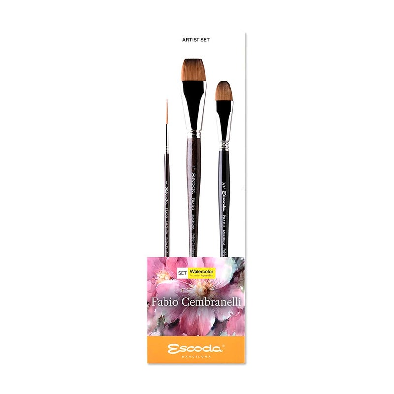 Escoda Signature Artist Watercolor Paint Brush Set, Fabio Cembranelli Set #2, Includes Prado (Synthetic Sable) Flat Bright Size 3/4"" & 1"" and Prado Round Longliner Size 2 - Image 1